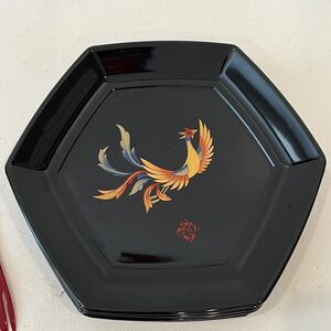 Japanese Laquerware Mid Century Set of 5 Plates 4 Forks Black Phoenix Kansai